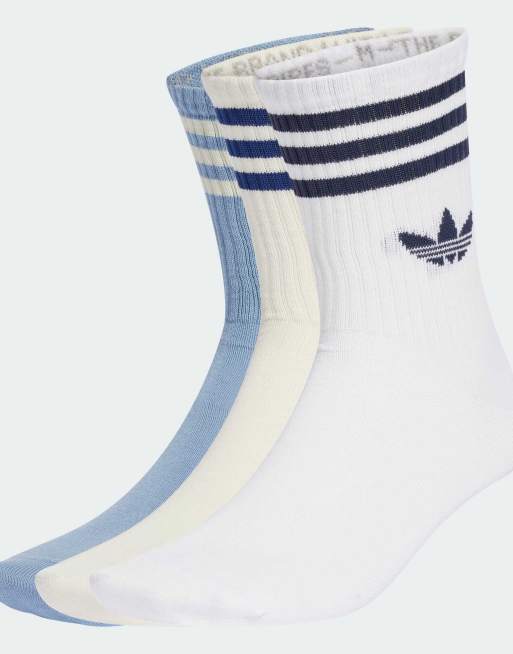 adidas Originals – Vita, blå och gräddvita sportstrumpor med 3 ränder, 3-pack