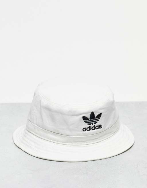 adidas Originals Logo Bucket Hat In White ($20) ❤ liked on Polyvore  featuring accessories, hats, white, …