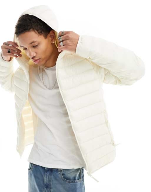 adidas Originals – Wattierte Jacke in gebrochenem Weiß mit den 3 Streifen und Kapuze