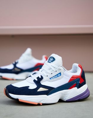 adidas originals falcon sneakers in white and navy