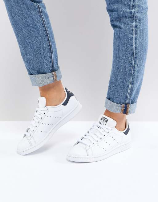 Adidas Originals White And Navy Stan Smith Trainers Asos