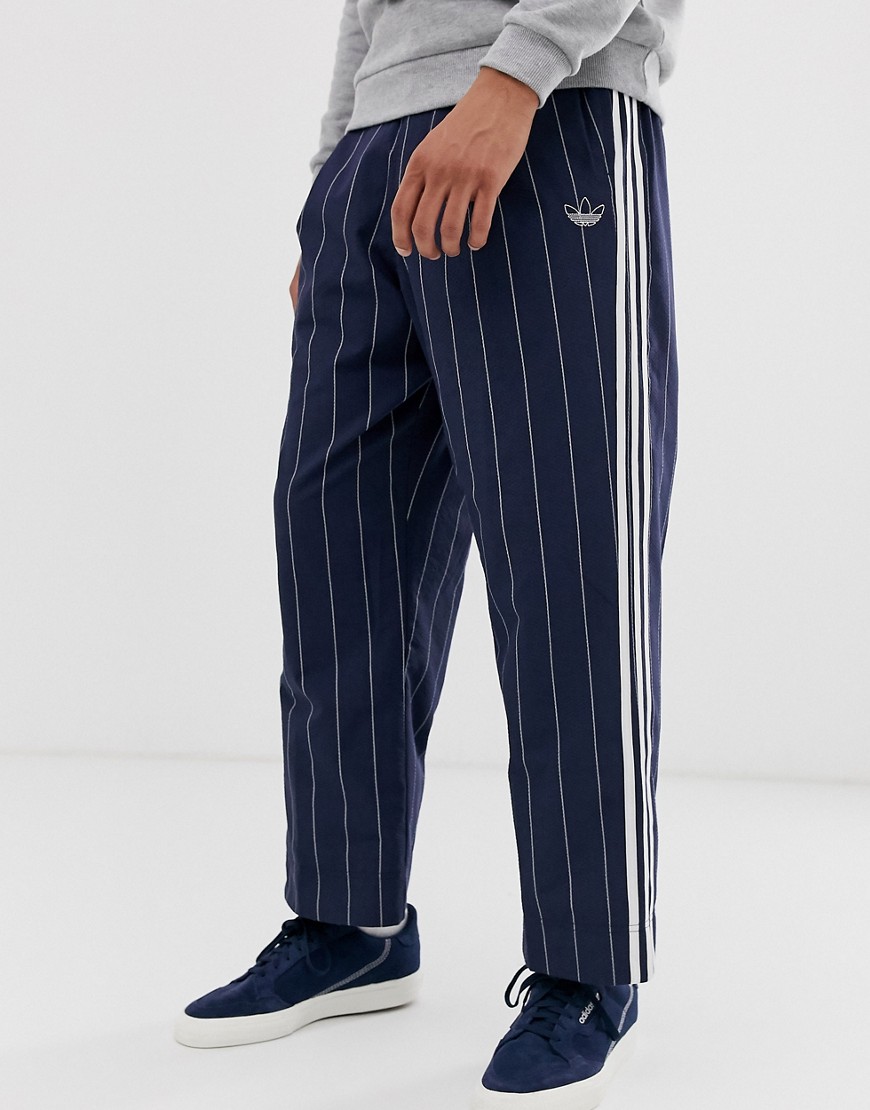 adidas Originals wide leg joggers with pinstripe in navy