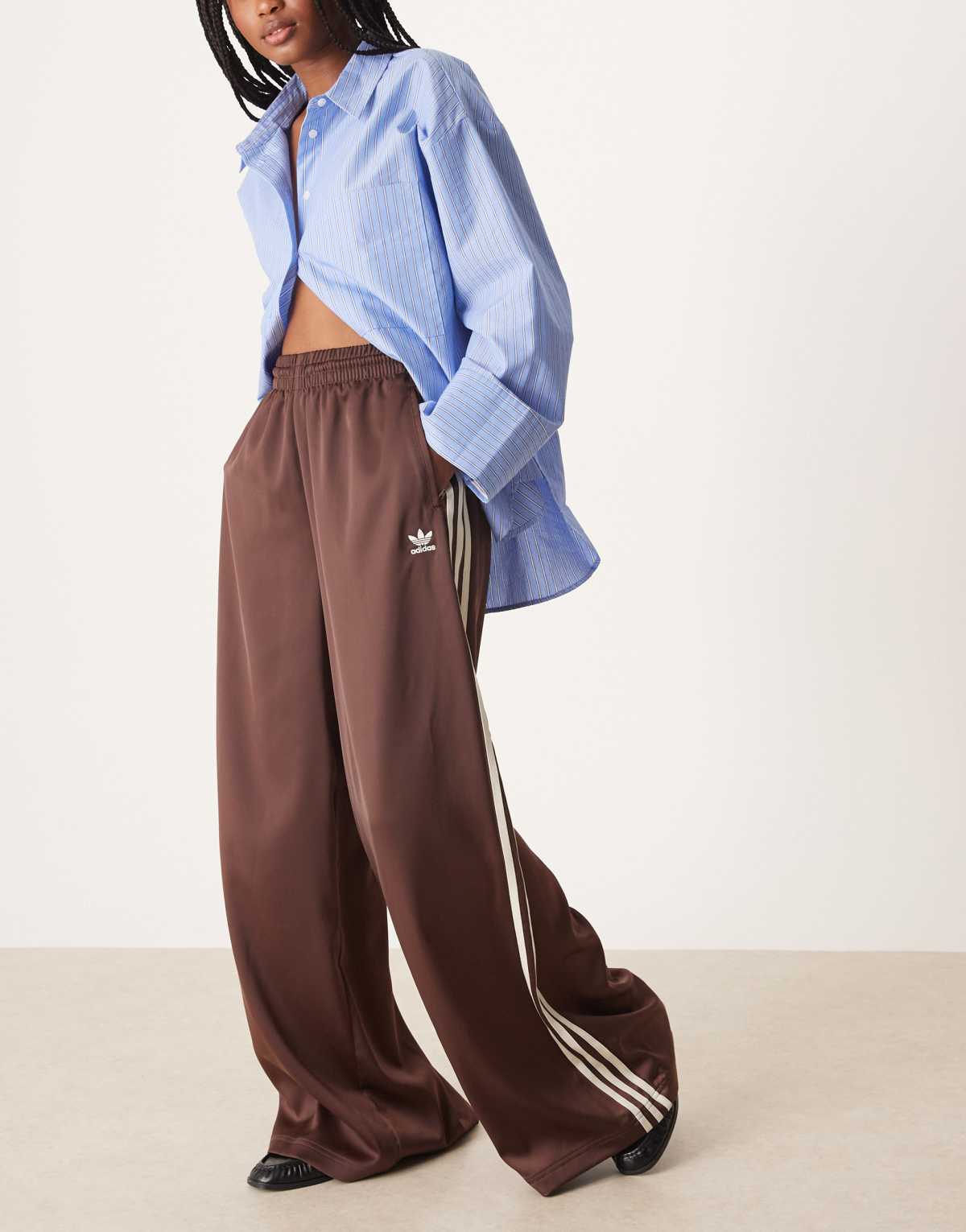 adidas Originals wide leg satin joggers in brown