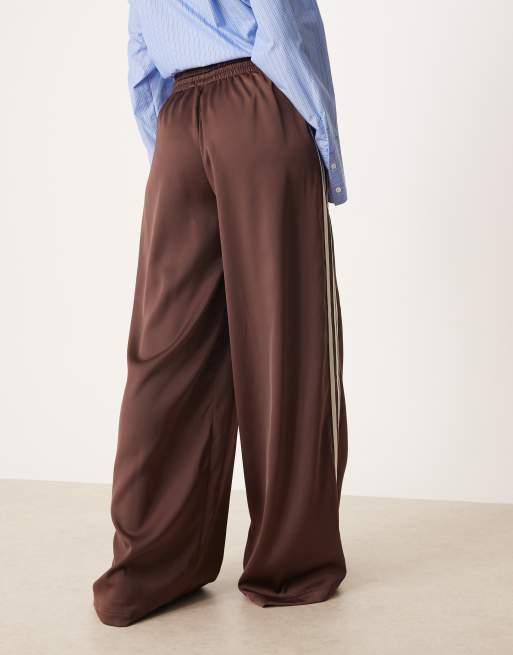 adidas Originals wide leg satin trackies in brown  