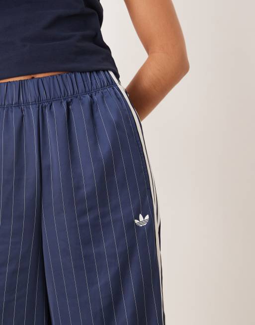 adidas Originals wide leg satin joggers in navy pinstripe