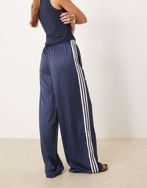 adidas Originals wide leg satin joggers in navy pinstripe