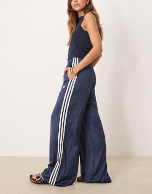 adidas Originals wide leg satin trackies in navy pinstripe - view 1