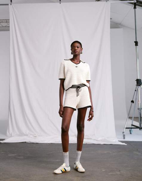 adidas Originals x ASOS crochet knitted shorts set with contrast trim - view 1