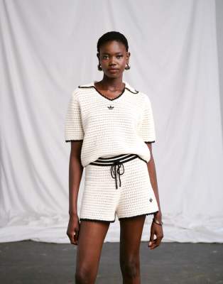 adidas adidas Originals x ASOS crochet knitted shorts with contrast trim in ecru-Neutral