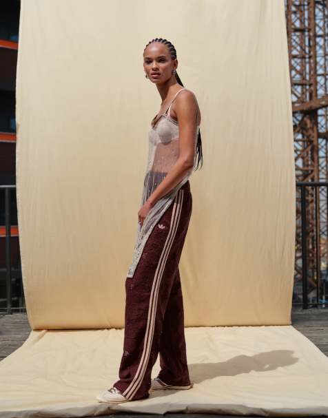 adidas Originals x ASOS crochet knitted track bottoms co-ord in brown - view 1