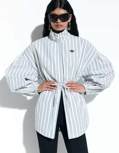 adidas Originals x ASOS funnel neck shirt with volume sleeves in blue stripes - view 1