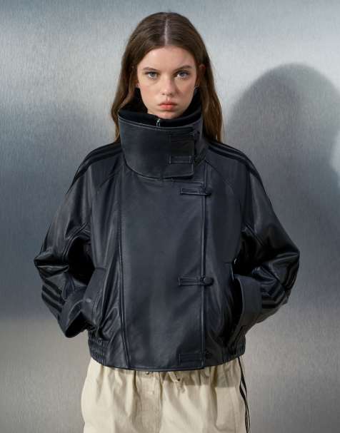 adidas Originals x ASOS giacca in pelle oversize con collo a imbuto e dettagli a coste nera - view 1