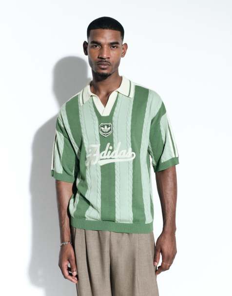 adidas Originals x ASOS knit polo shirt in green stripes - view 1