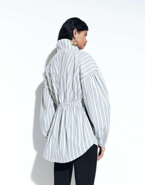 adidas Originals x ASOS koszula z golfem i bufiastymi rękawami w niebieskie paski - view 1