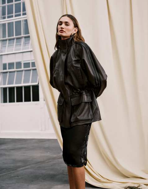adidas Originals x ASOS leather jacket with funnel neck in brown