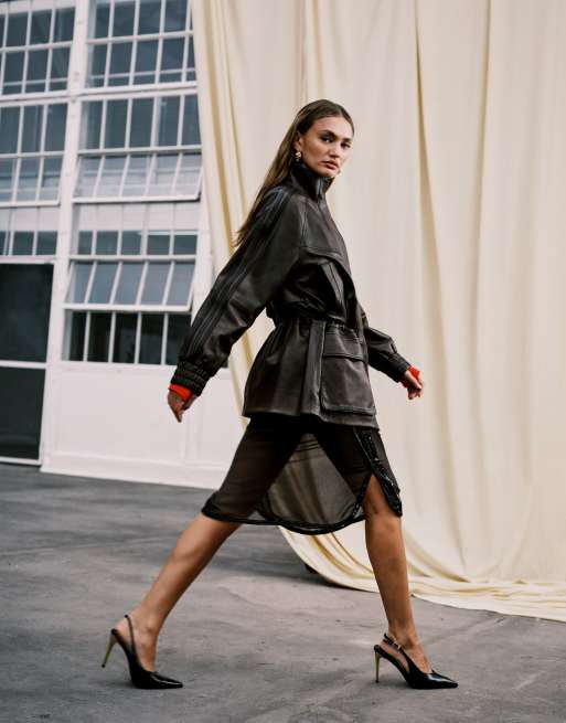 adidas Originals x ASOS leather jacket with funnel neck in brown