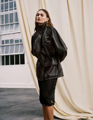 adidas Originals x ASOS - Lederjacke in Braun mit Stehkragen-Brown