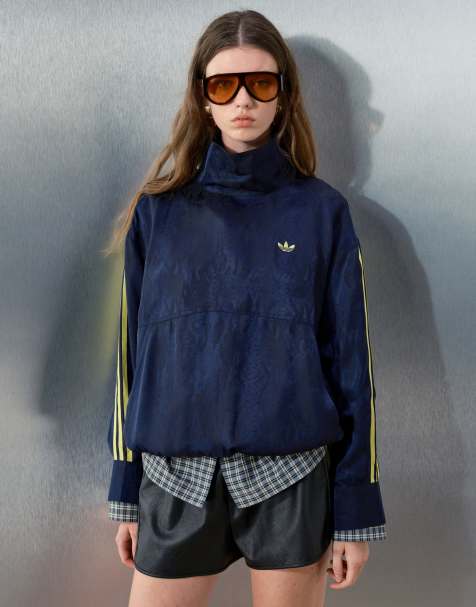 adidas Originals x ASOS oversized funnel neck shirt in navy snake satin jacquard - view 1