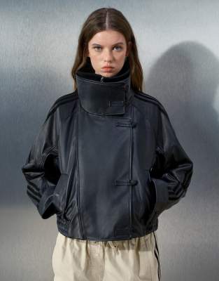 adidas Originals x ASOS oversized leather jacket with funnel neck and rib detail