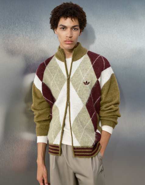 adidas Originals x ASOS oversized track jacket in green argyle knit with wool - view 1