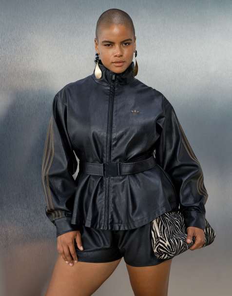 adidas Originals x ASOS peplum track jacket with belt in black faux leather - view 1
