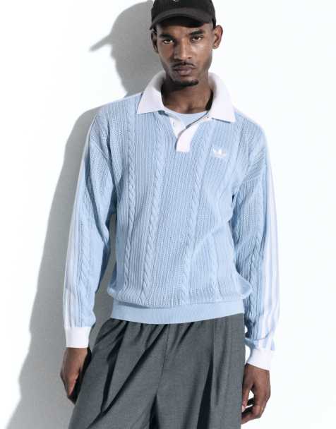 adidas Originals x ASOS polo à manches longues en maille torsadée bleue - view 1