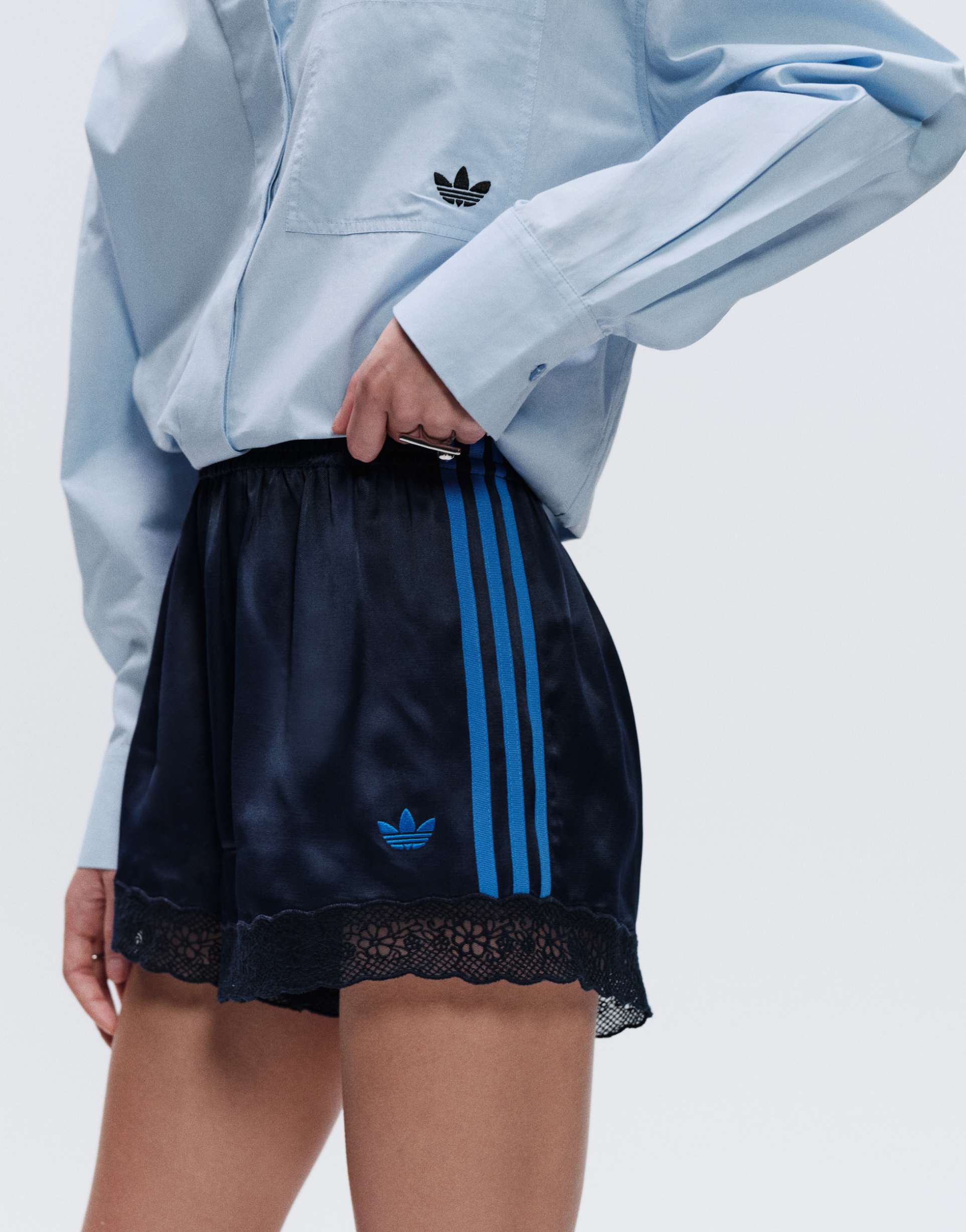 adidas originals x asos regular fit lace hem shorts in navy satin