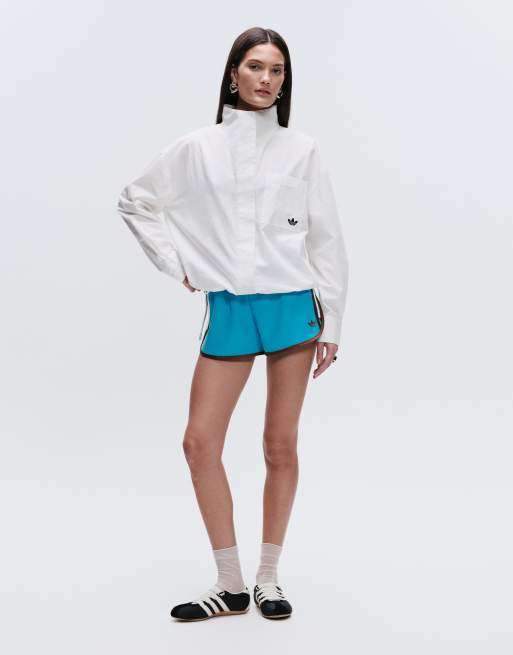 adidas Originals x ASOS three stripe sprinter shorts in blue, 3 of 5