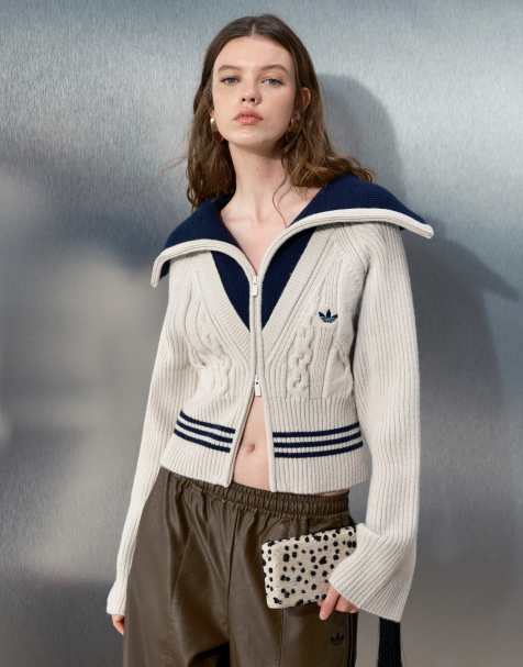 adidas Originals x ASOS trainingsjack met opstaande boord in havermoutkleurige kabelbrei - view 1
