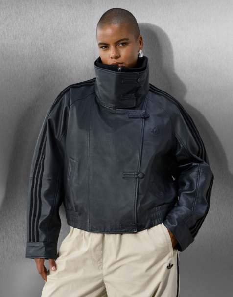 adidas Originals x ASOS veste oversize en cuir avec col montant et détail côtelé, noire - view 1