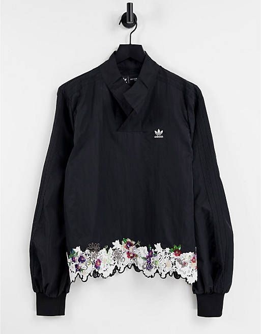  adidas Originals x Dry Clean Only logo sweatshirt with satin collar in black with sequin lace hem 