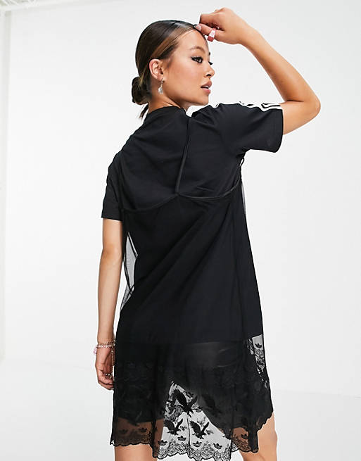 Women adidas Originals x Dry Clean Only logo t-shirt with laxe slip dress overlay in black 