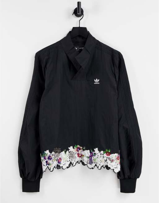 adidas Originals x Dry Clean Only - Sweatshirt met logo, satijnen kraag en kanten zoom met pailletten in zwart