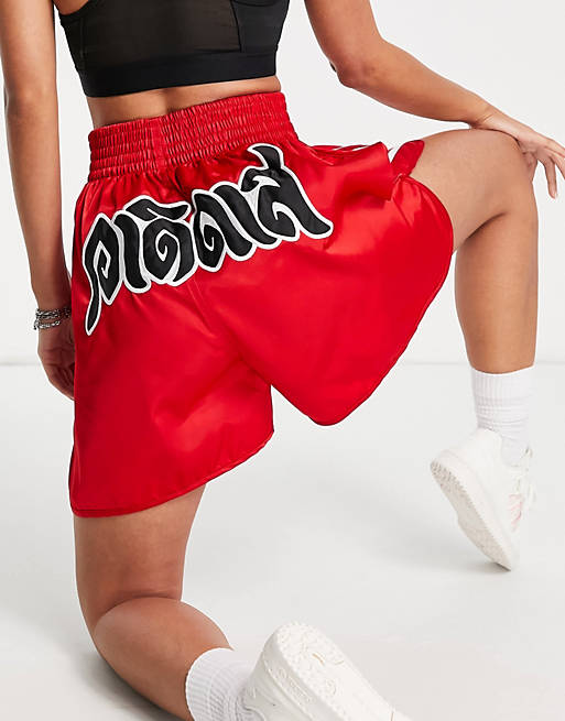 adidas Originals x Dry Clean Only three stripe logo boxing style shorts in red