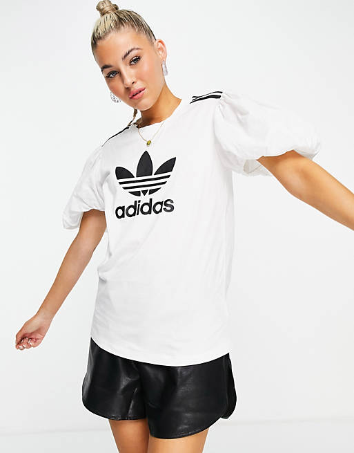 Tops adidas Originals x Dry Clean Only three stripe logo t-shirt in white with puff sleeves 