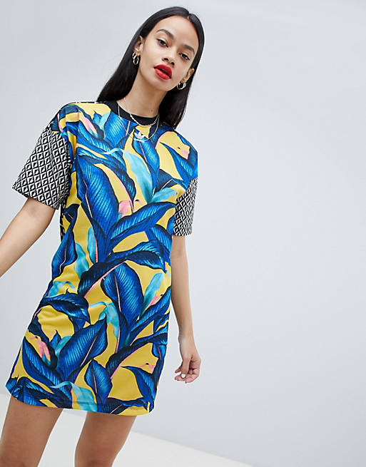 adidas Originals X Farm T-Shirt Dress With Trefoil Logo In Tropical ...