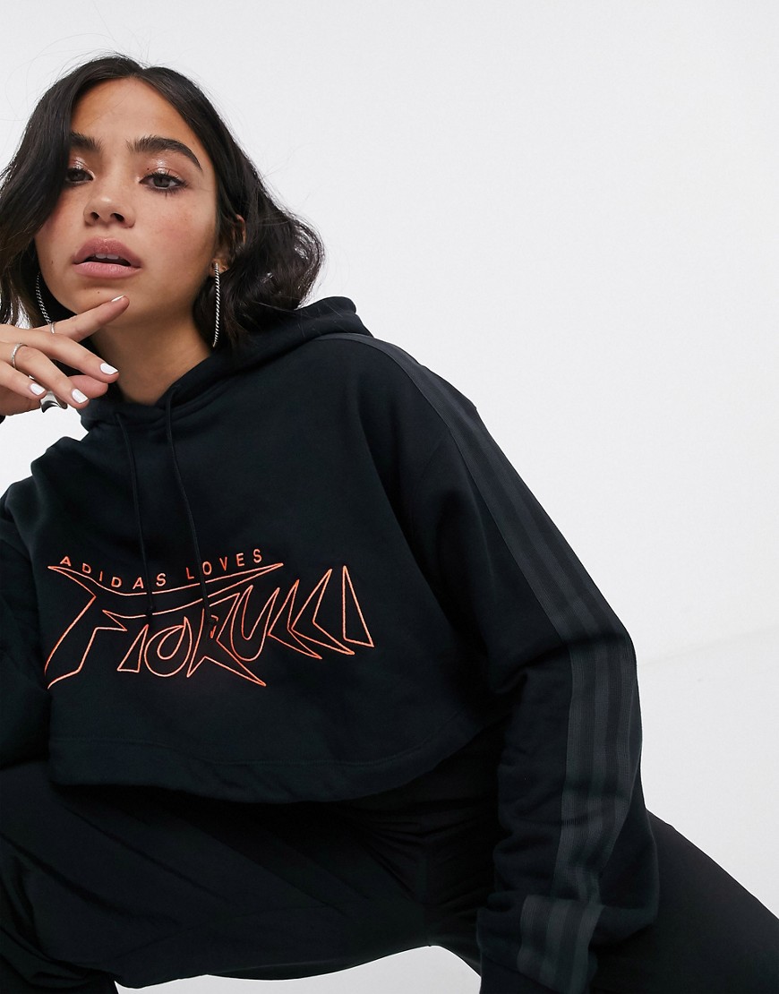 Adidas Originals x Fiorucci - Cropped hoodie in zwart en rood