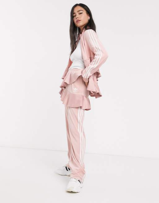 adidas Originals x J KOO satin trefoil ruffle track pant in pink