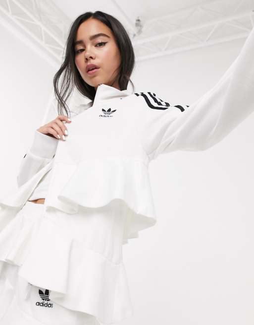 adidas Originals x J KOO satin trefoil ruffle track top in off 