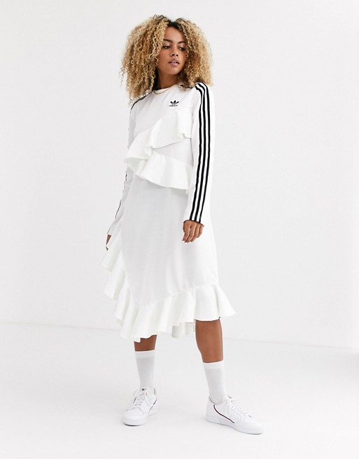 adidas Originals x J KOO trefoil ruffle dress in off white