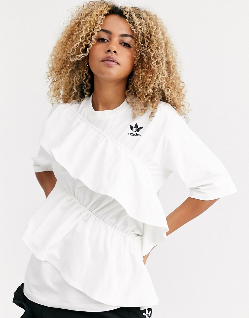 adidas Originals x J KOO trefoil ruffle t-shirt in off white