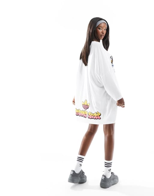 adidas Originals x Jeremy Scott one size t-shirt dress in white with front  graphics