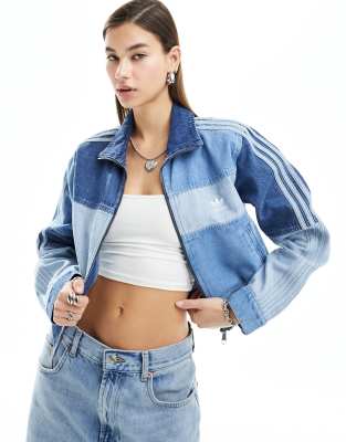 Patchwork Denim Track Jacket, Sweatshirt Denim Top, Active Wear