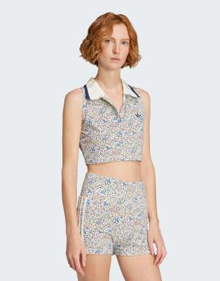 adidas Originals x Liberty London - Ärmelloses Cropped Polohemd in Off White / Semi Lucid Red-Weiß
