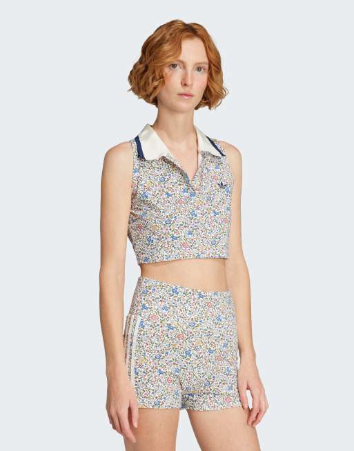 adidas Originals x Liberty London - Ærmeløs og cropped råhvid poloskjorte med rødt/multifarvet småprint