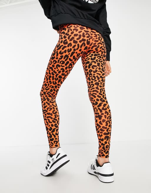 Adidas Training Leggings With Insert Detail In Orange Leopard Print, HM8646