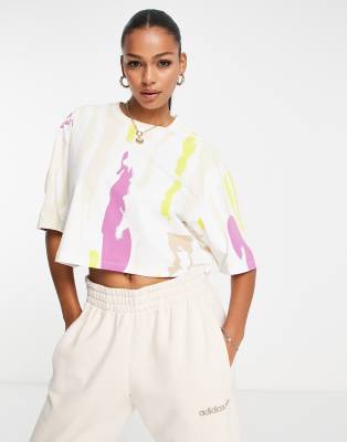 adidas Originals x Thebe Magugu cropped T-shirt in white with all over print - view 1