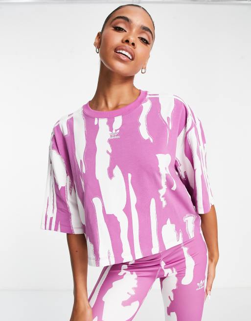 adidas Originals x Thebe Magugu - T-shirt corta rosa e bianca con trifoglio piccolo