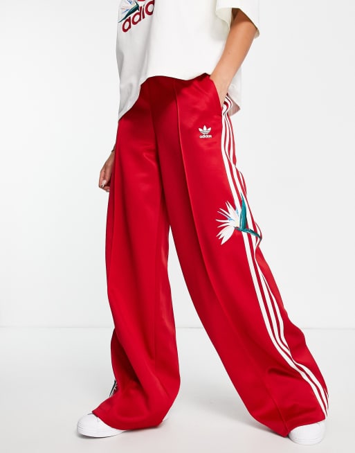 adidas Originals resort wide leg pants in off white with red