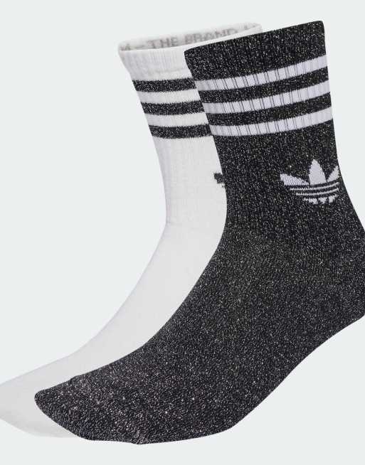 adidas Originals – Zestaw 2 par brokatowych skarpetek z 3 paskami w kolorach czarnym i białym